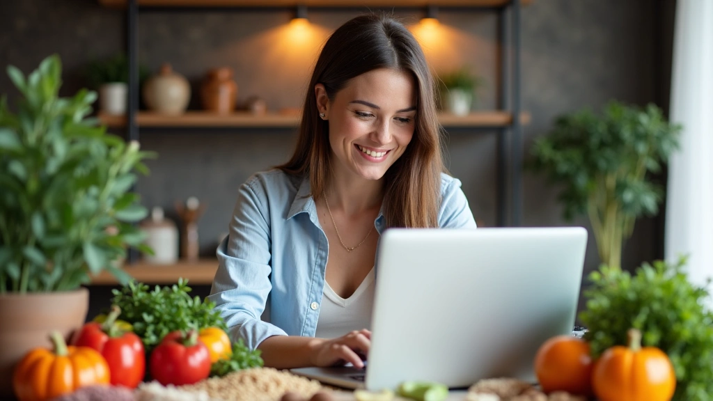 Mujer sonriendo con un ordenador portátil, rodeada de alimentos saludables y un ambiente acogedor