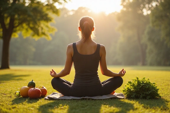 Imagen de una persona meditando junto a alimentos frescos