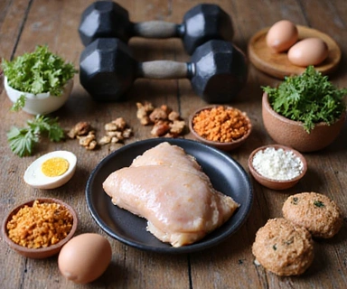 Pesas y alimentos ricos en proteínas.