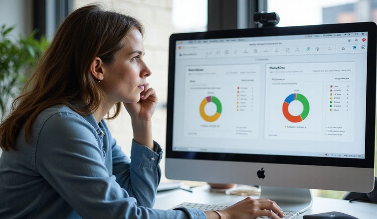 Persona analizando datos de nutrición en una computadora, representando el uso responsable de la información.