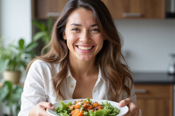 Mujer sonriendo y comiendo una ensalada fresca, simbolizando una vida saludable y feliz.
