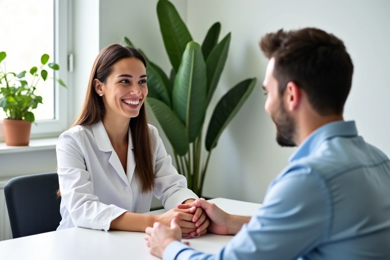 Nutricionista profesional interactuando amistosamente con un cliente en un entorno moderno y limpio.