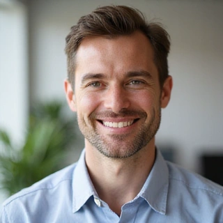 Retrato profesional de un nutricionista sonriente y amable, con un fondo claro y profesional.