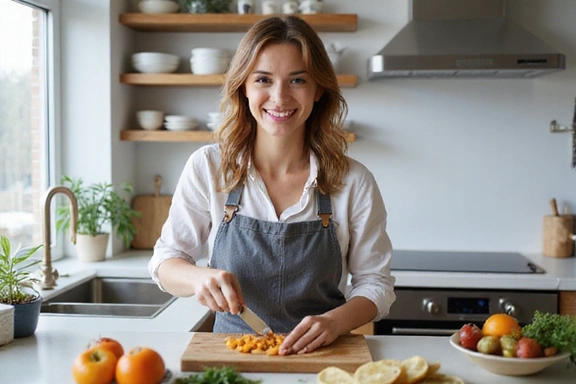 Mujer sonriendo mientras cocina en una cocina moderna.