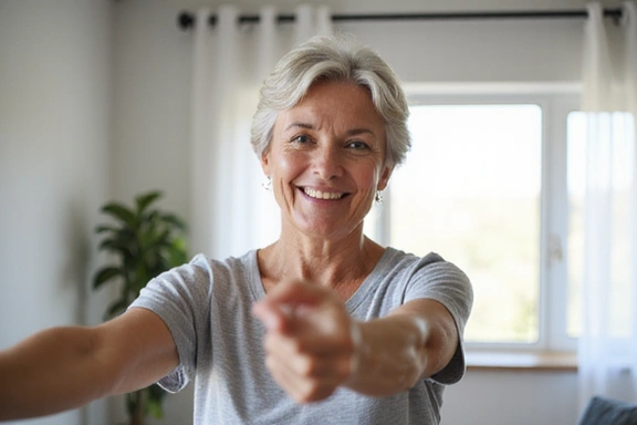 Mujer en la menopausia sonriendo y haciendo ejercicio ligero.