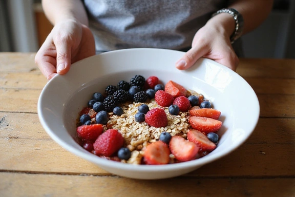 Persona preparando un desayuno saludable con frutas y avena.