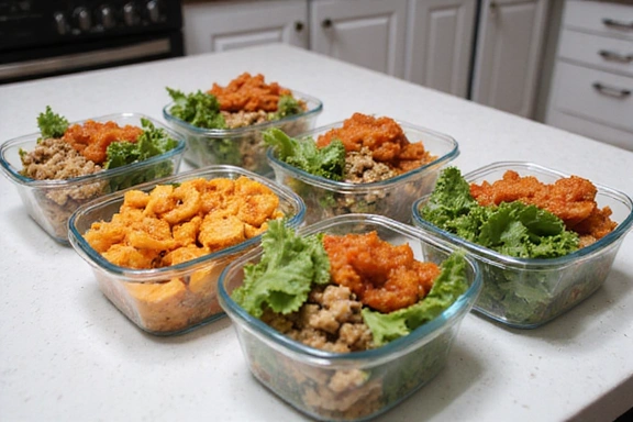 Una mesa con varios platos de comida saludable preparada para la semana.