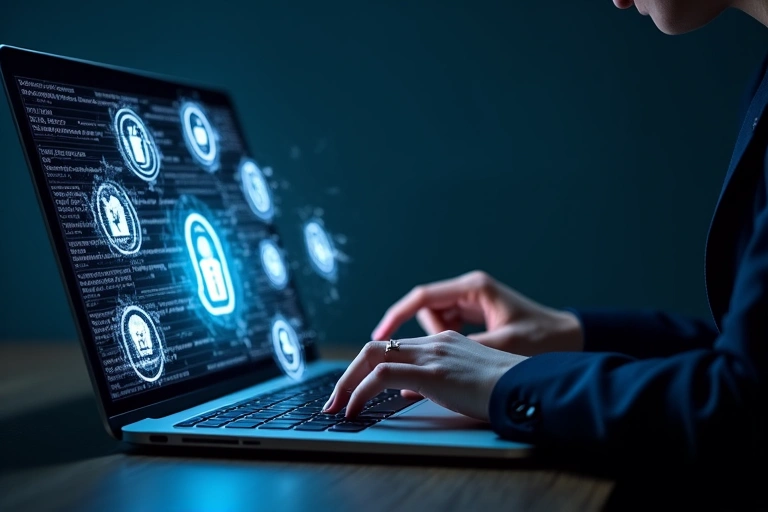 Persona usando una computadora con iconos de seguridad cibernética
