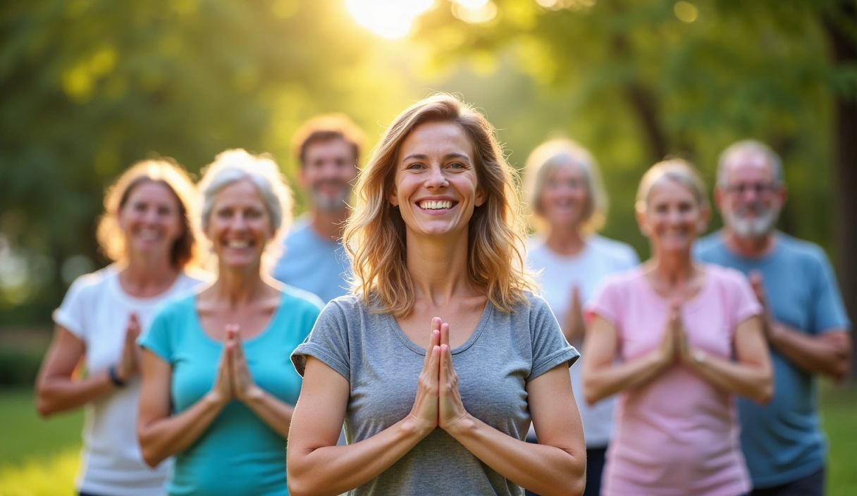 Grupo de personas felices y saludables sonriendo y haciendo ejercicio al aire libre.